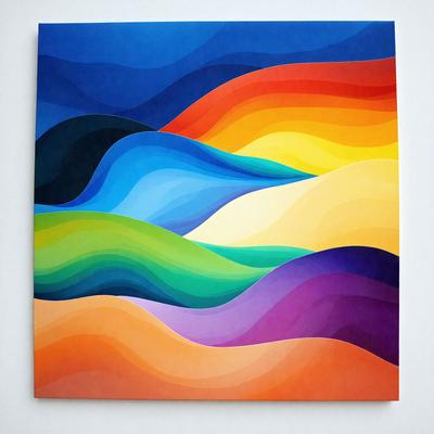 The primary subject of the image is a colorful painting of a mountain landscape. The setting is a white wall, and the visual style is a combination of digital art and illustration. The painting features a variety of colors, including blue, green, orange, and purple, creating a vibrant and lively atmosphere. The mountain landscape is depicted in a stylized manner, giving the painting a unique and artistic appearance.